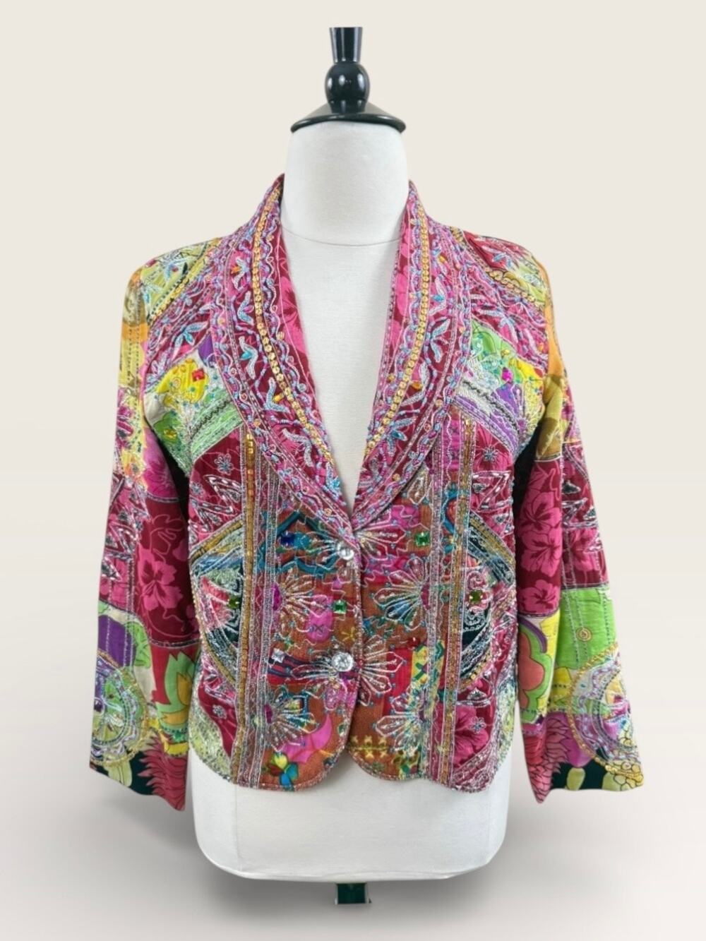 Vintage Sandy Starkman Pink Patchwork Jacket with Sequins and Bead Work, Size L
